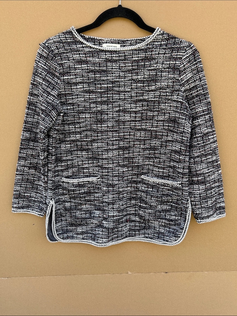 Max Studio Tweed Pullover Sweater XS Braided Knit Pocket Lightweight Minimalist